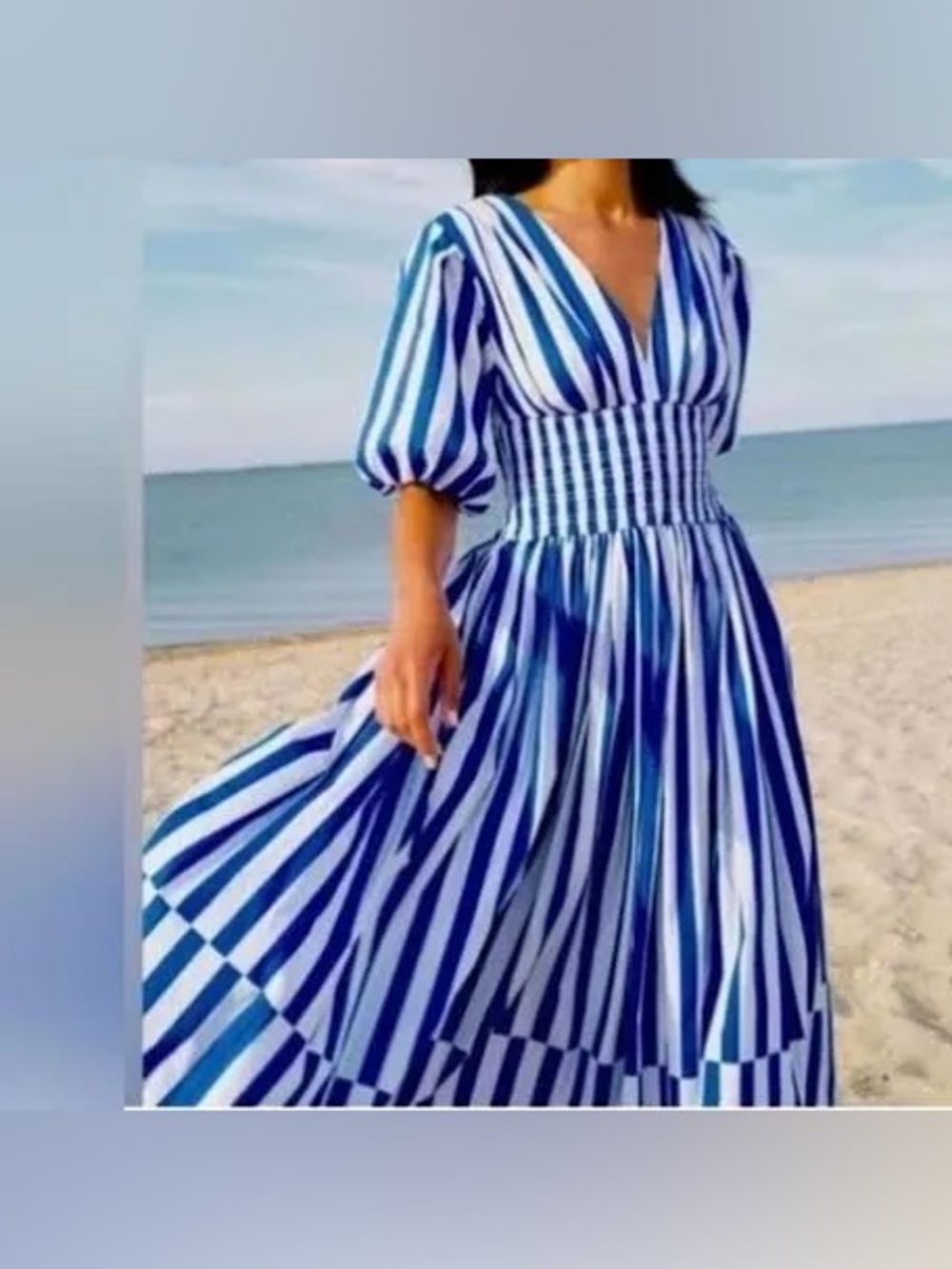 AYR Blue and White Striped V-Neck Maxi Dress